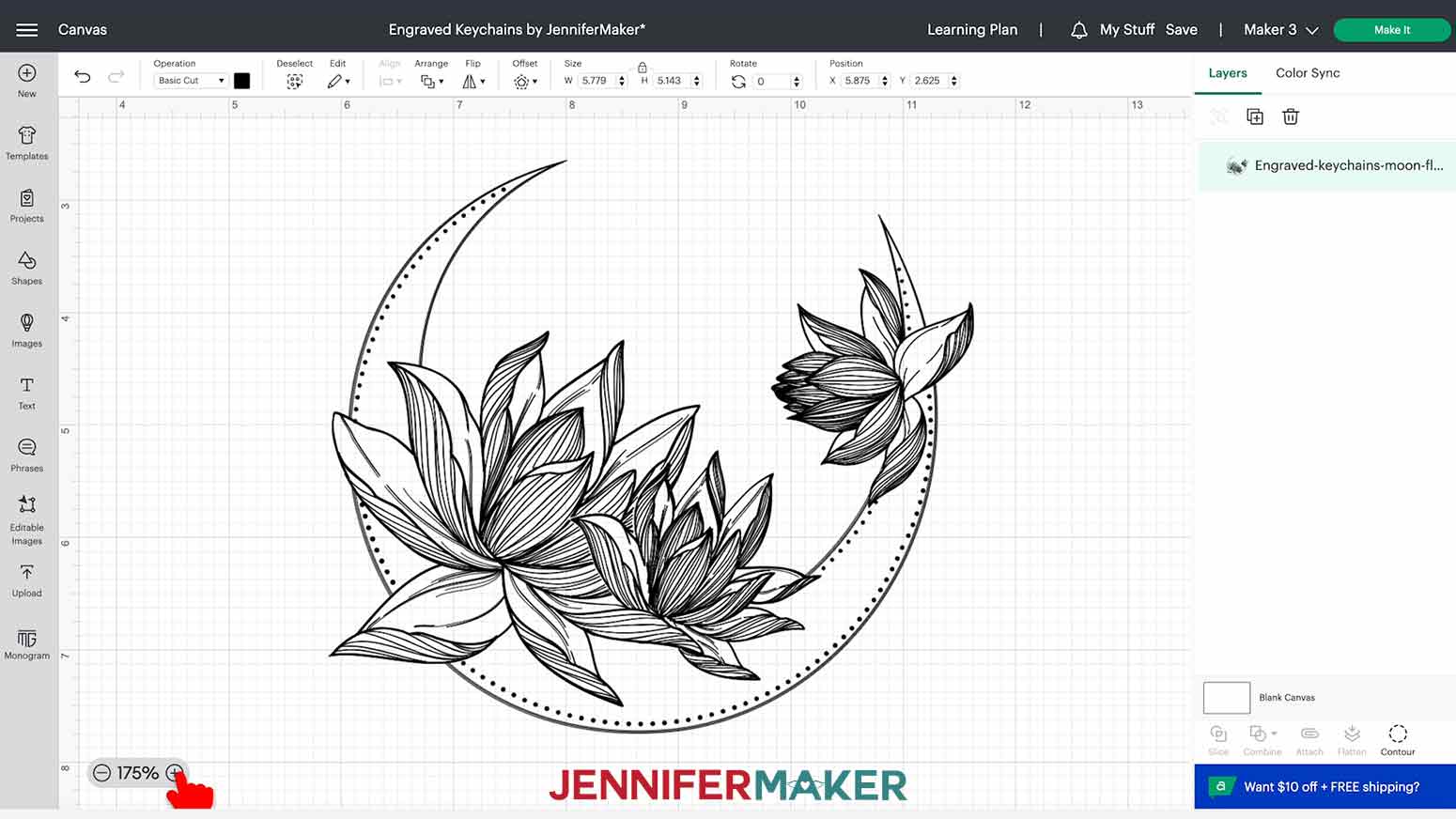 Zooming in on the Design Space Canvas to see the Moon Flower engraved acrylic keychain design better.