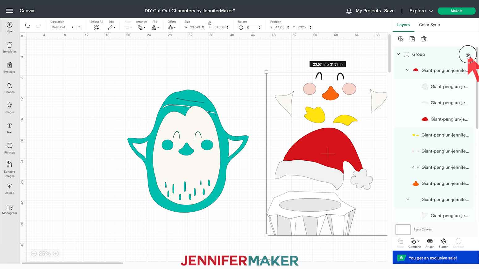 The Cricut Design Space Canvas with the DIY Cut Out Character giant penguin ungrouped and the layers are moved out of the way to see all the layers you are working with.