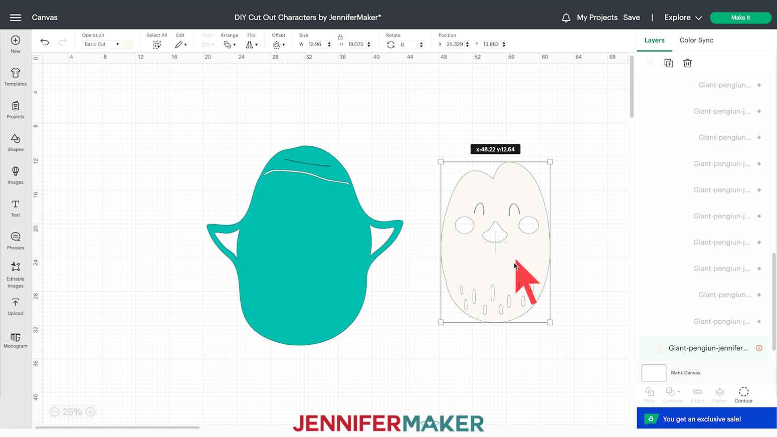 Showing the giant penguin’s teal and white body layers with the small bits hidden to make your DIY Cut Out Character.