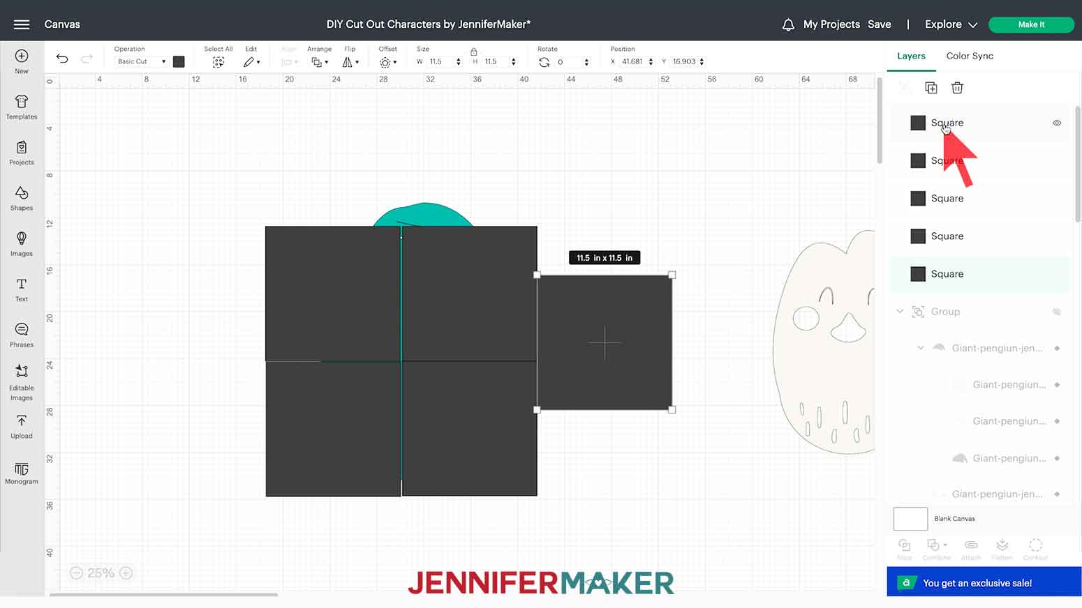 Eleven-and-a-half by eleven-and-a-half inch squares created on the Cricut Design Space Canvas with the penguin’s teal and white body layers to make your DIY Cut Out Character.