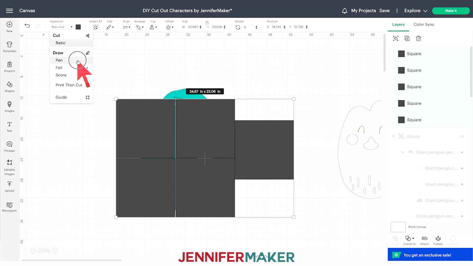 Five, eleven-and-a-half by eleven-and-a-half inch squares are moved to cover the penguin’s teal body layer to make the DIY Cut Out Character.