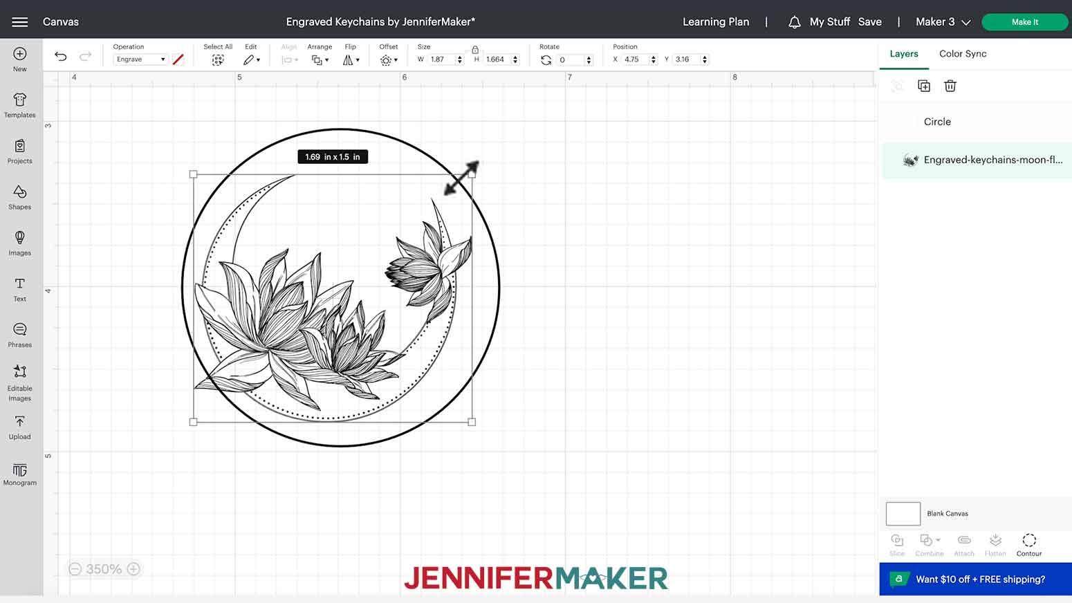 Resizing the Moon Flower engraved acrylic keychain design to fit inside the circle.