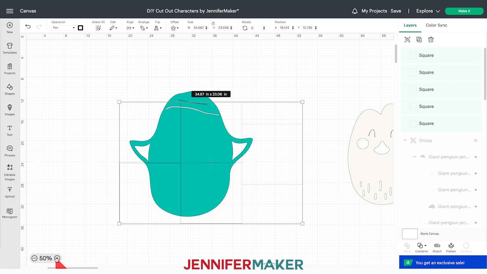 Changing the Operation to "Pen" to see the penguin behind the squares for your DIY Cut Out Character.