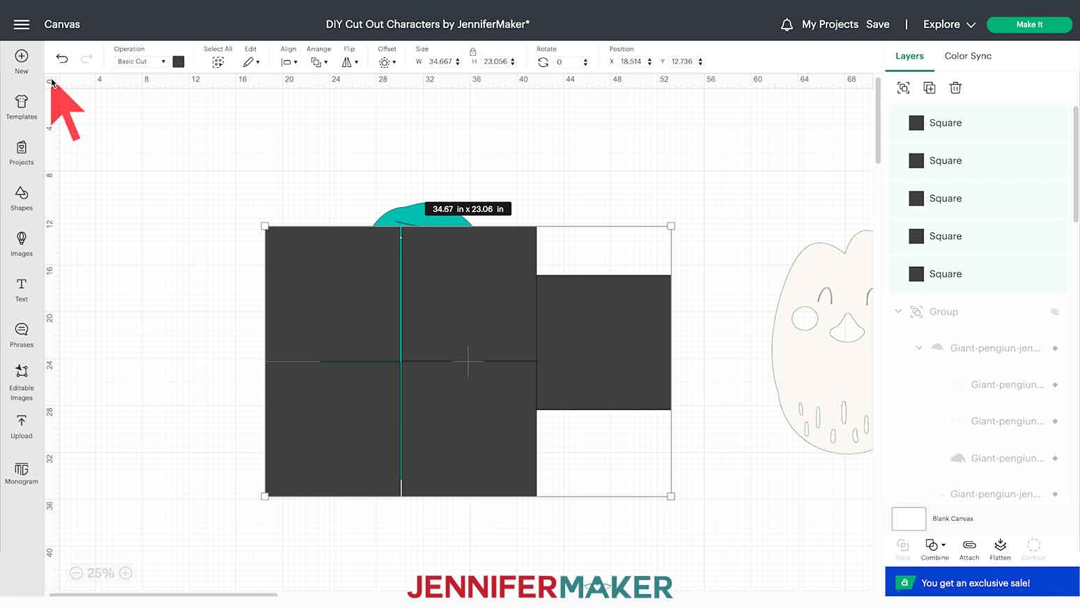 The top left corner is clicked in the Cricut Design Space Canvas to view the grid lines for your DIY Cut Out Character penguin.