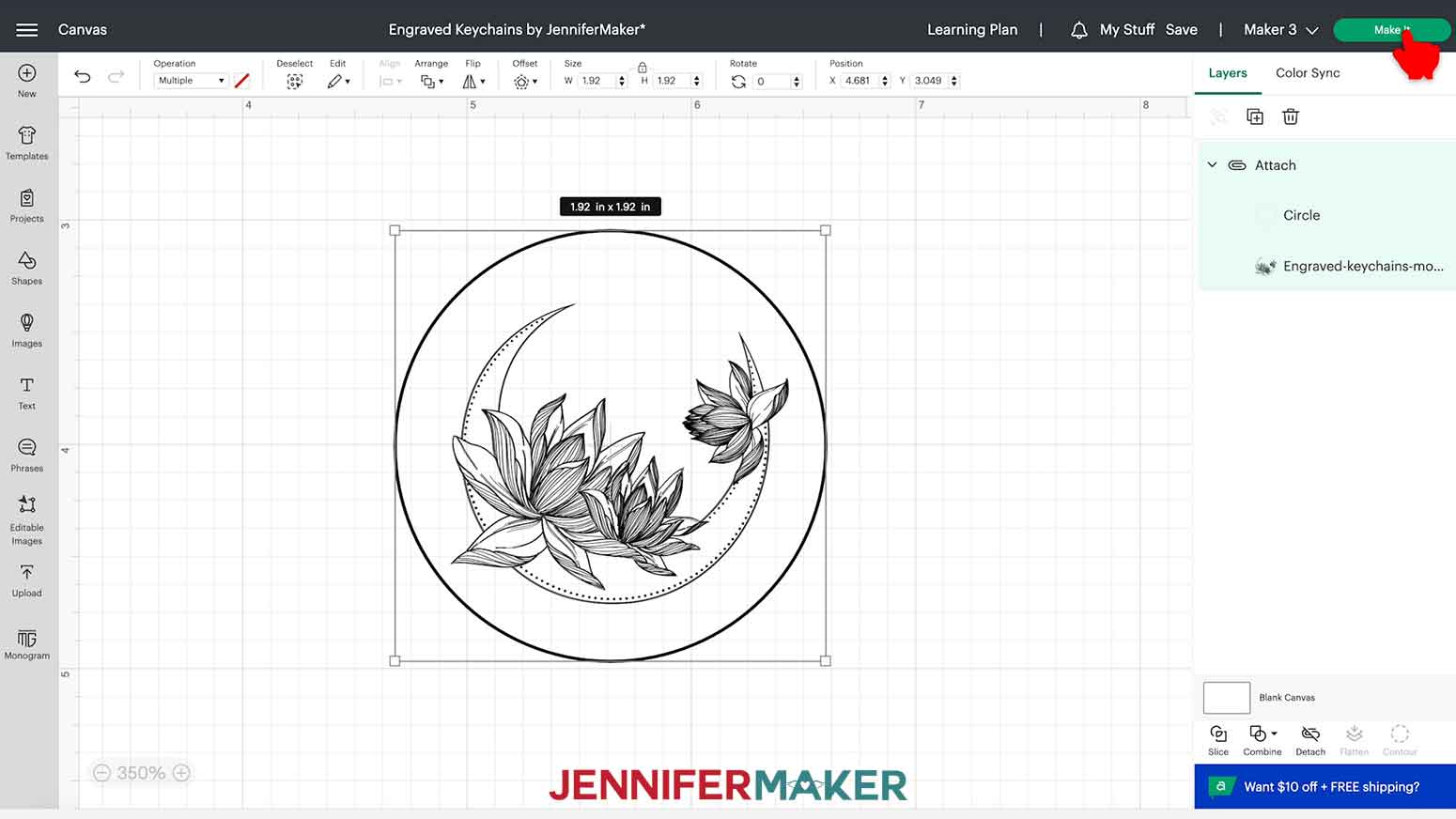 Clicking "Make It" in Design Space to make your engraved acrylic keychain.