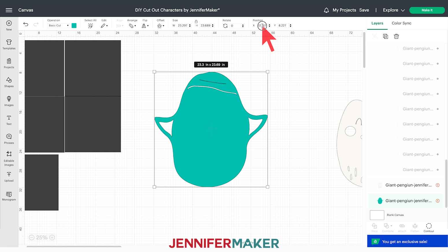 The X and Y Position fields, and your Canvas grid, where X indicates the spot on the Canvas horizontally while Y is the vertical spot to position your DIY Cut Out Character.