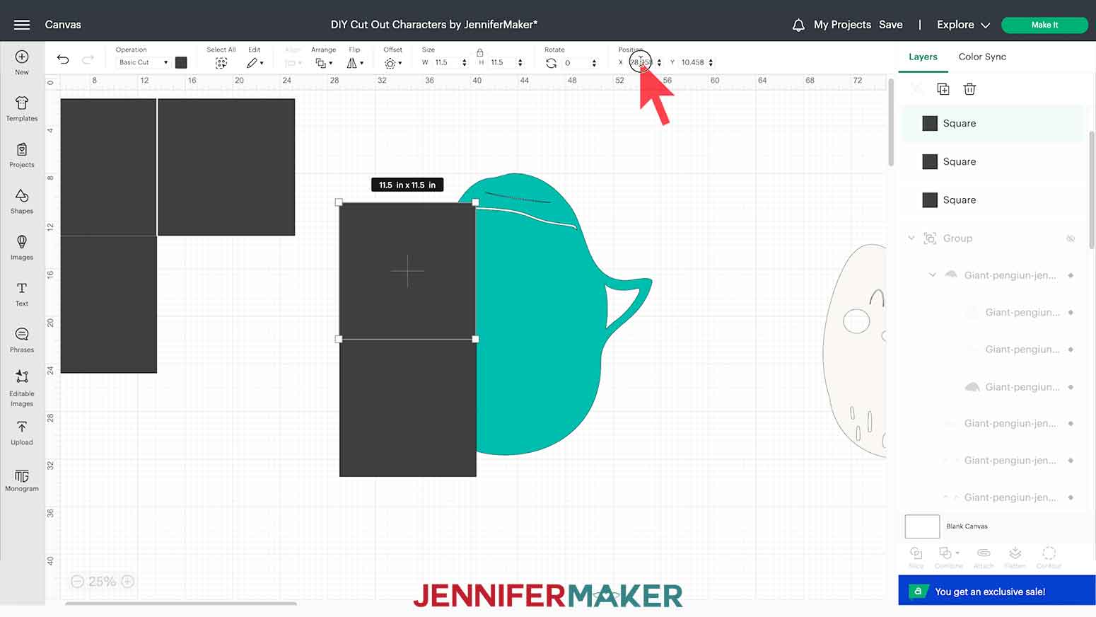 The X and Y positions are used to precisely align the grey squares over the DIY Cut Out Character penguin’s teal body layer.