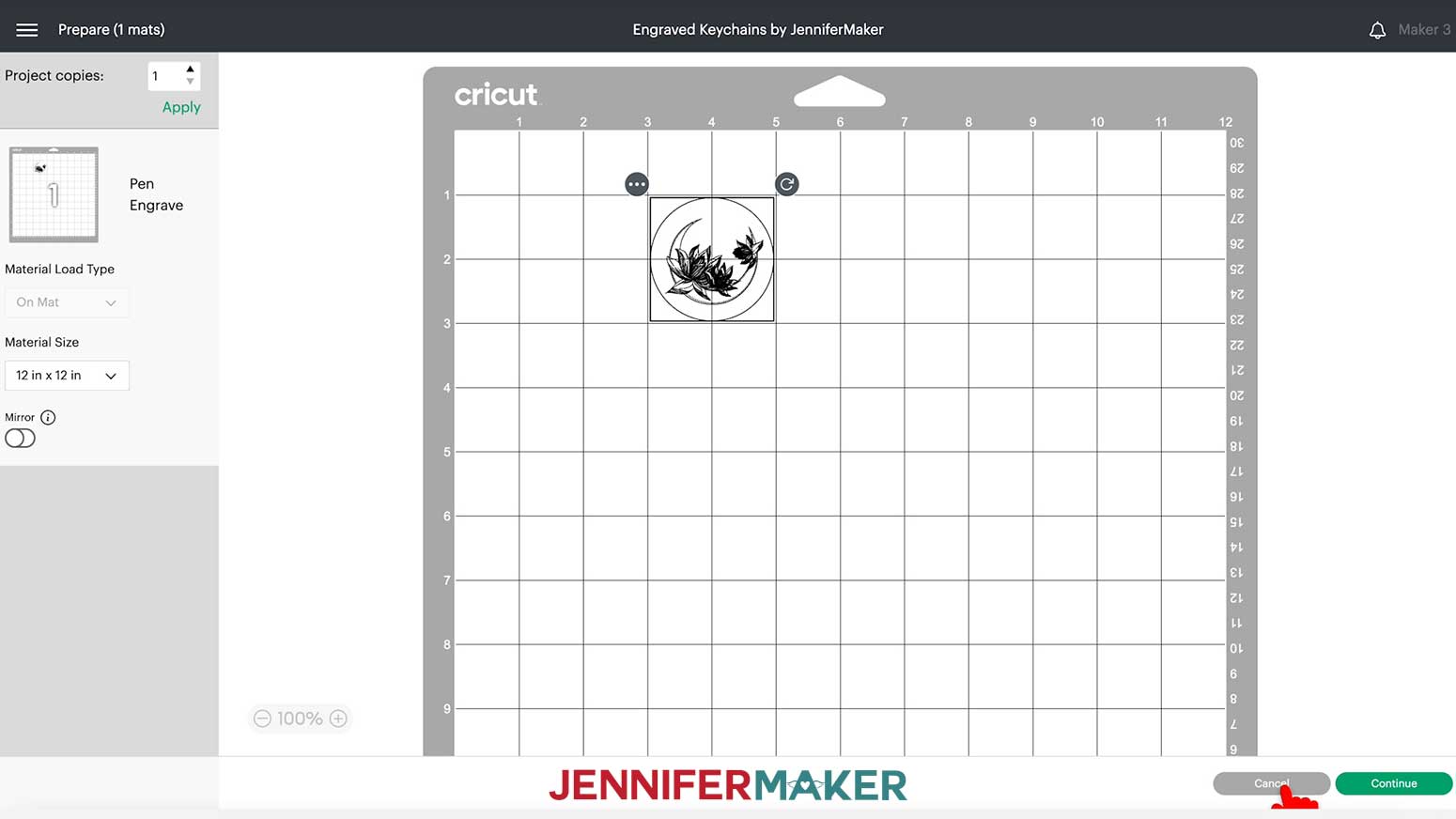 Clicking "Cancel" on the prepare screen to go back to your engraved acrylic keychain design.