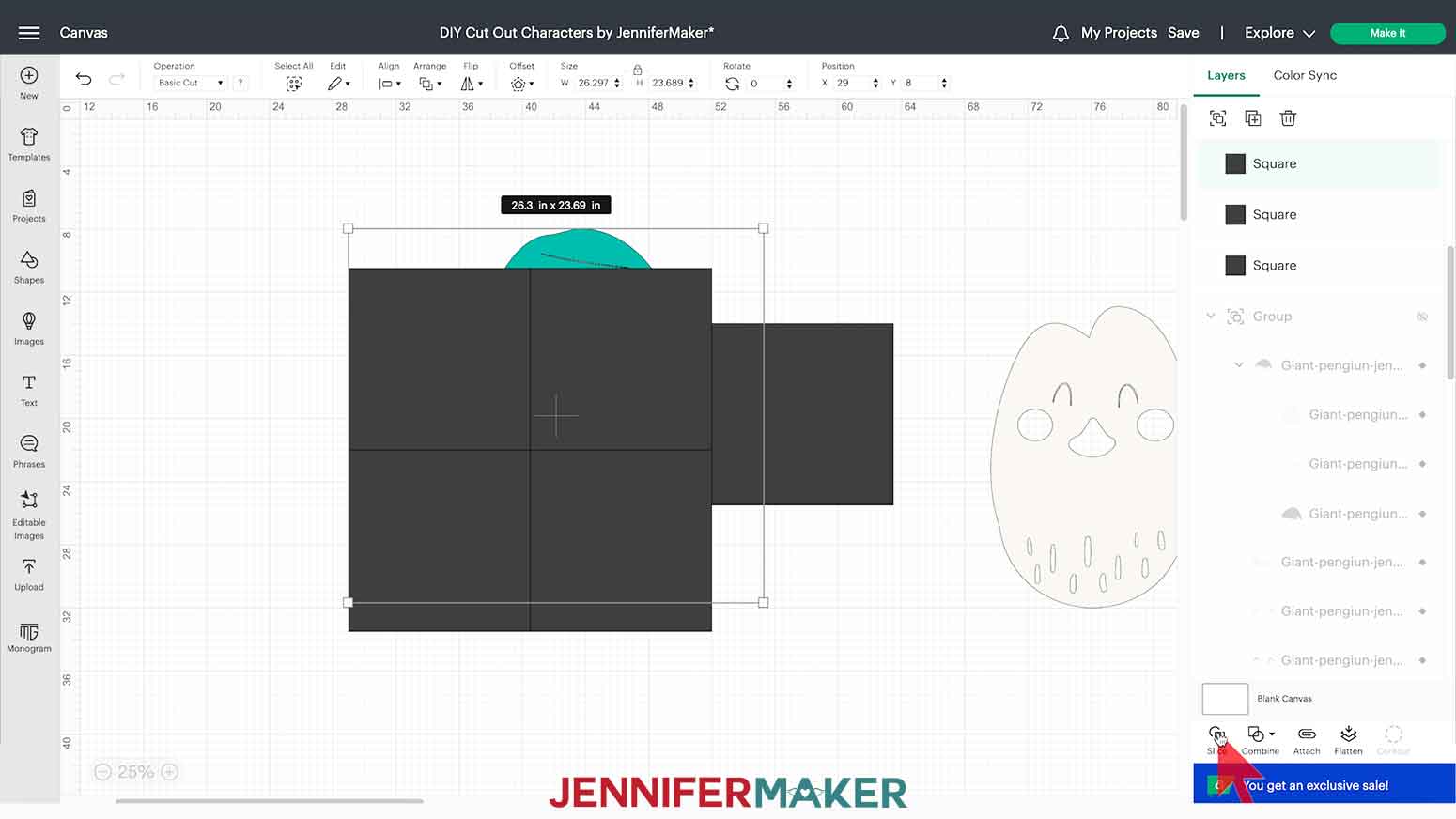 One grey square is selected at a time, with the DIY Cut Out Character penguin’s teal body layer, and then sliced.