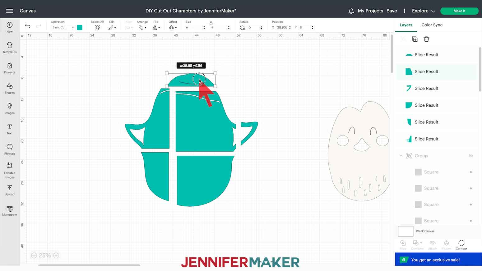 The DIY Cut Out Character penguin’s teal body layer is sliced into mat-sized pieces on the Cricut Design Space Canvas.