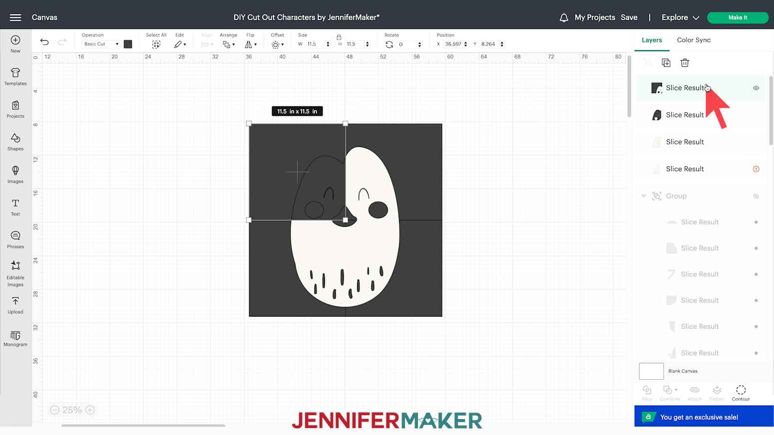 The DIY Cut Out Character penguin’s white body layer is sliced with eleven-and-a-half by eleven-and-a-half inch squares on the Design Space Canvas.