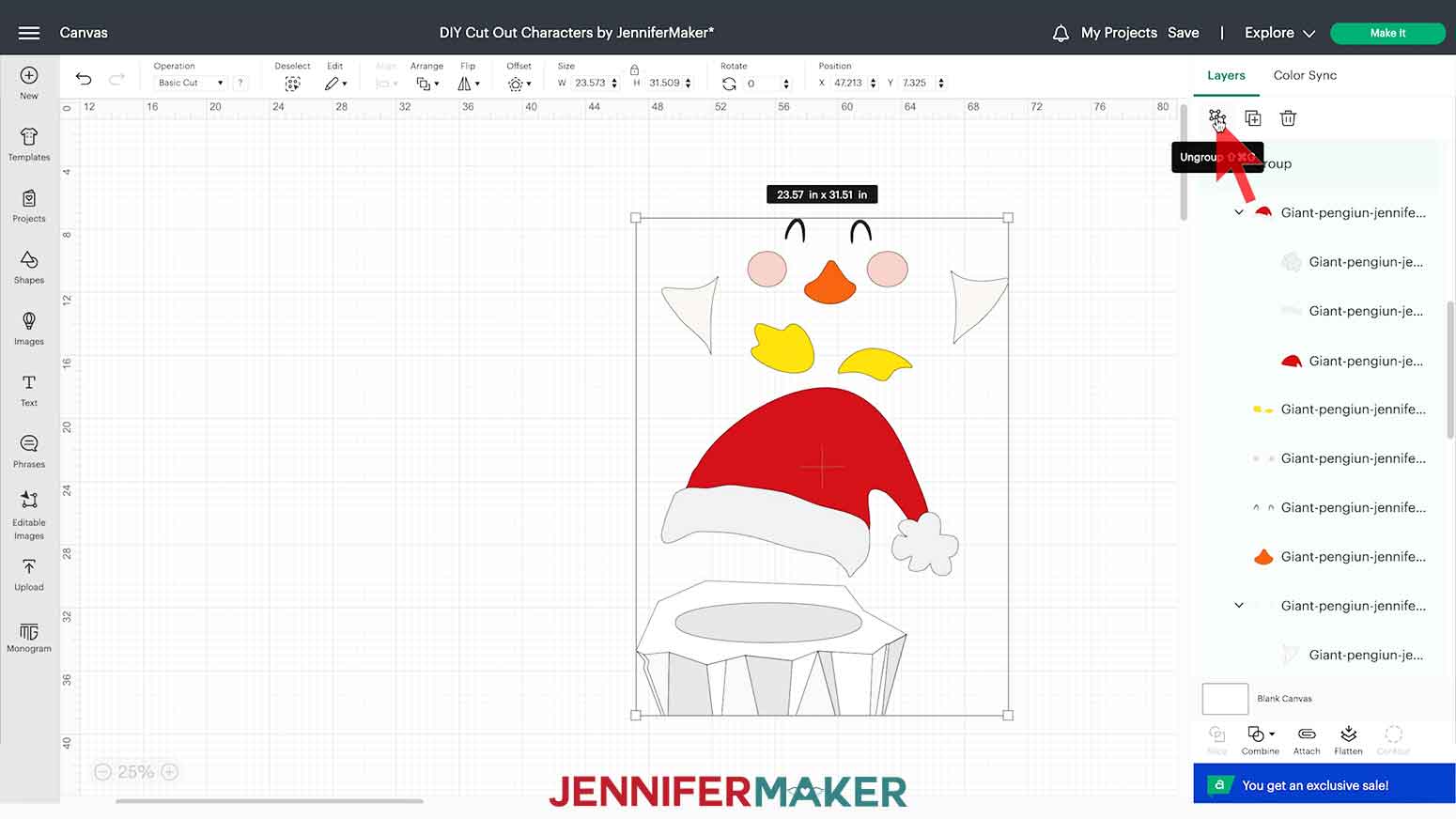 All of the DIY Cut Out Character Penguin’s small layers are unhidden and shown on the Cricut Design Space Canvas.