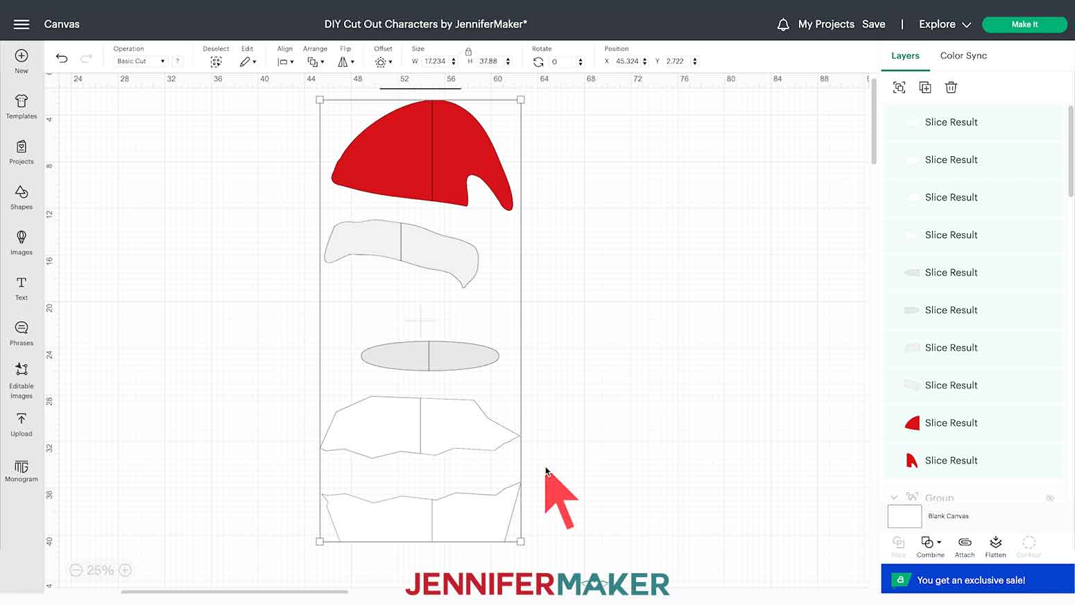 The DIY Cut Out Character penguin’s red Santa hat and iceberg layers are sliced into mat-sized pieces and shown on the Cricut Design Space Canvas.