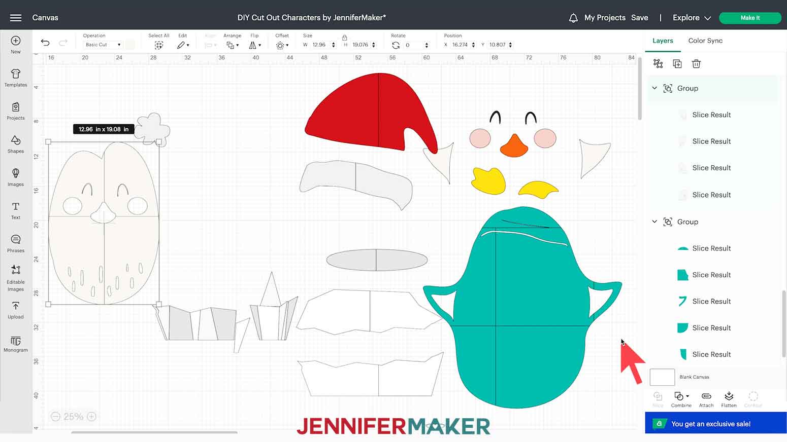 All of the DIY Cut Out Character penguin’s layers are visible on the Design Space Canvas.