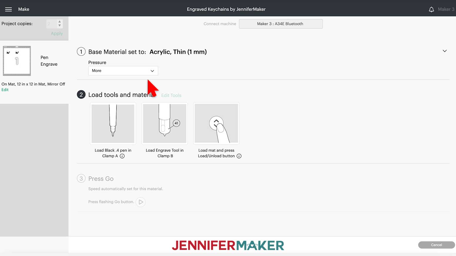 Changing the Pressure to "More" after setting the material to acrylic for your engraved acrylic keychain design.