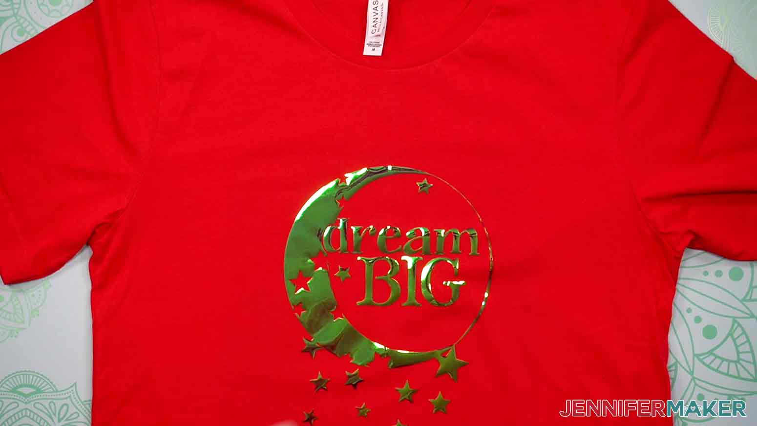 Here is the completed red, adult crew-neck T-shirt with the Dream Big graphic perfectly aligned after using the T-Shirt Ruler.