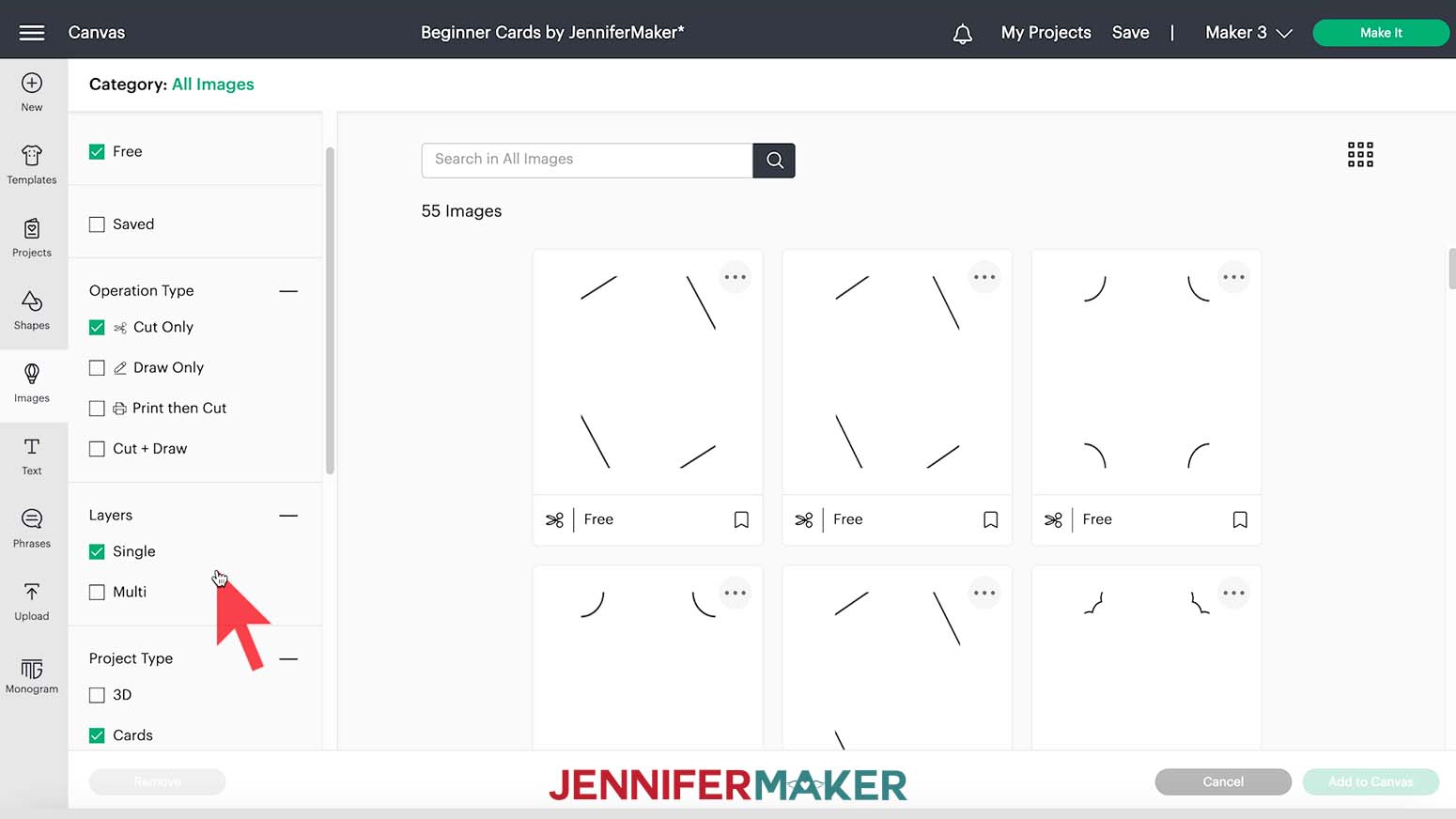 screenshot of using filters to see card options in design space for easy cricut card customizations