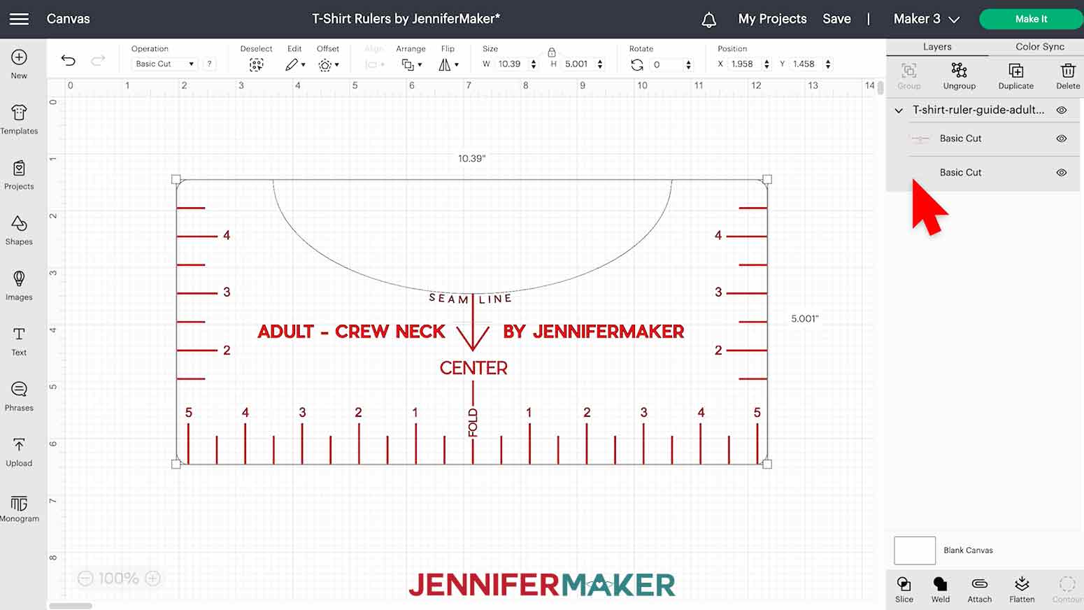 The Cricut Design Space Canvas with the Adult Crew-Neck T-Shirt Ruler SVG opened and the layers panel highlighted.
