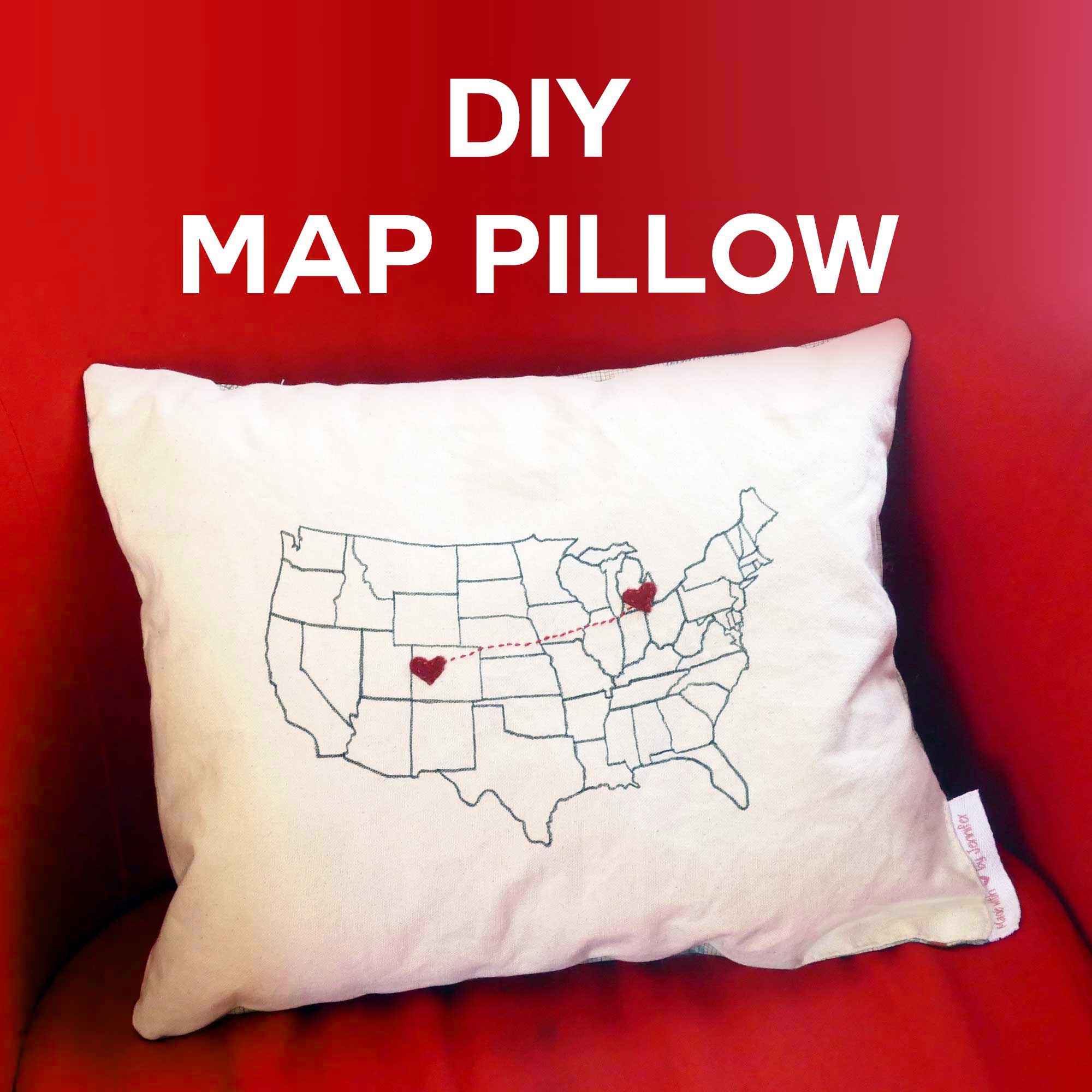DIY Map Pillow with State-to-State Hearts