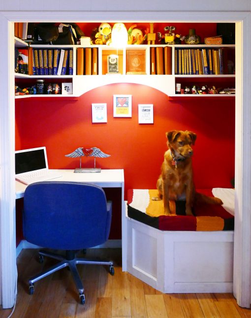 DIY Home Decor: Closet Nook with Desk, Bench, and Shelves | JenuineMom.com