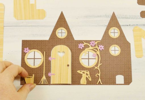 Decorating a Fairy House Card that mails flat, then pops up! Free SVG files.