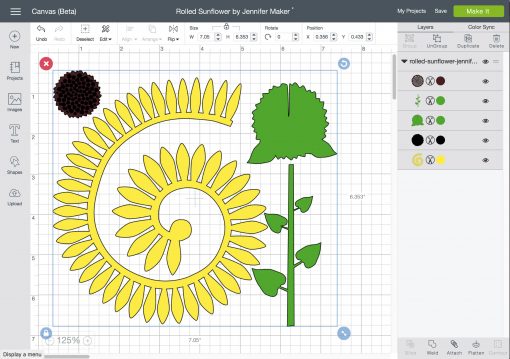 Uploading the rolled sunflower files to Cricut Design Space