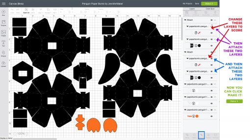 Cutting the pieces of the penguin paper bomb in Cricut Design Space