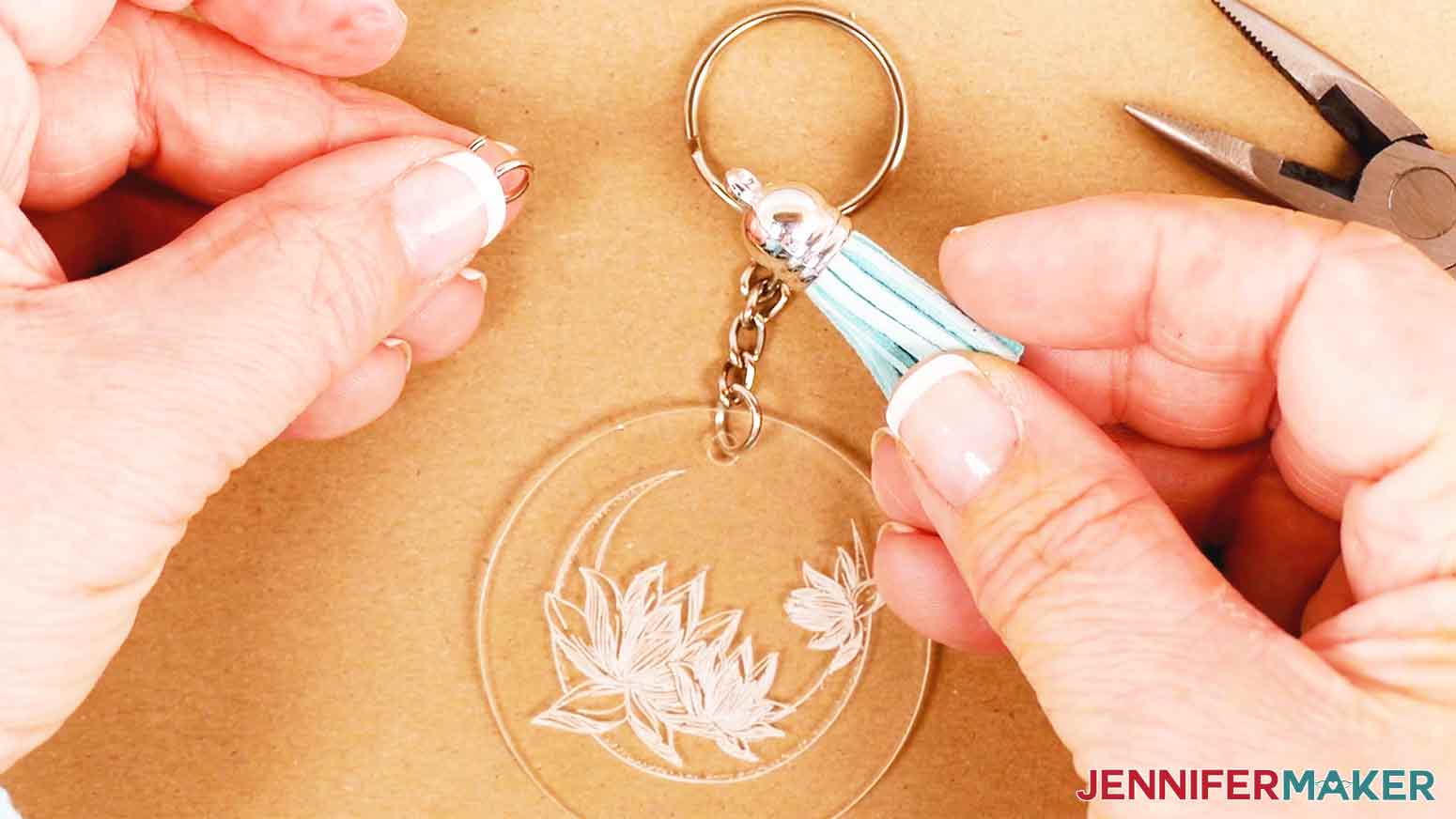 Attaching a tassel to your engraved acrylic keychain.