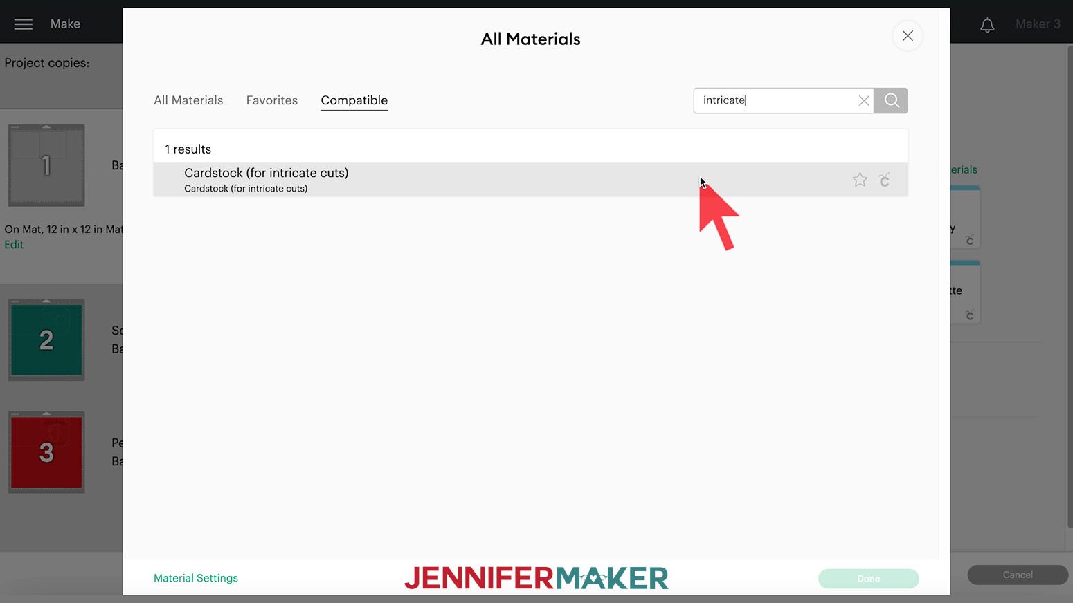 Screenshot of materials menu showing cardstock for intricate cuts for easy cricut cards