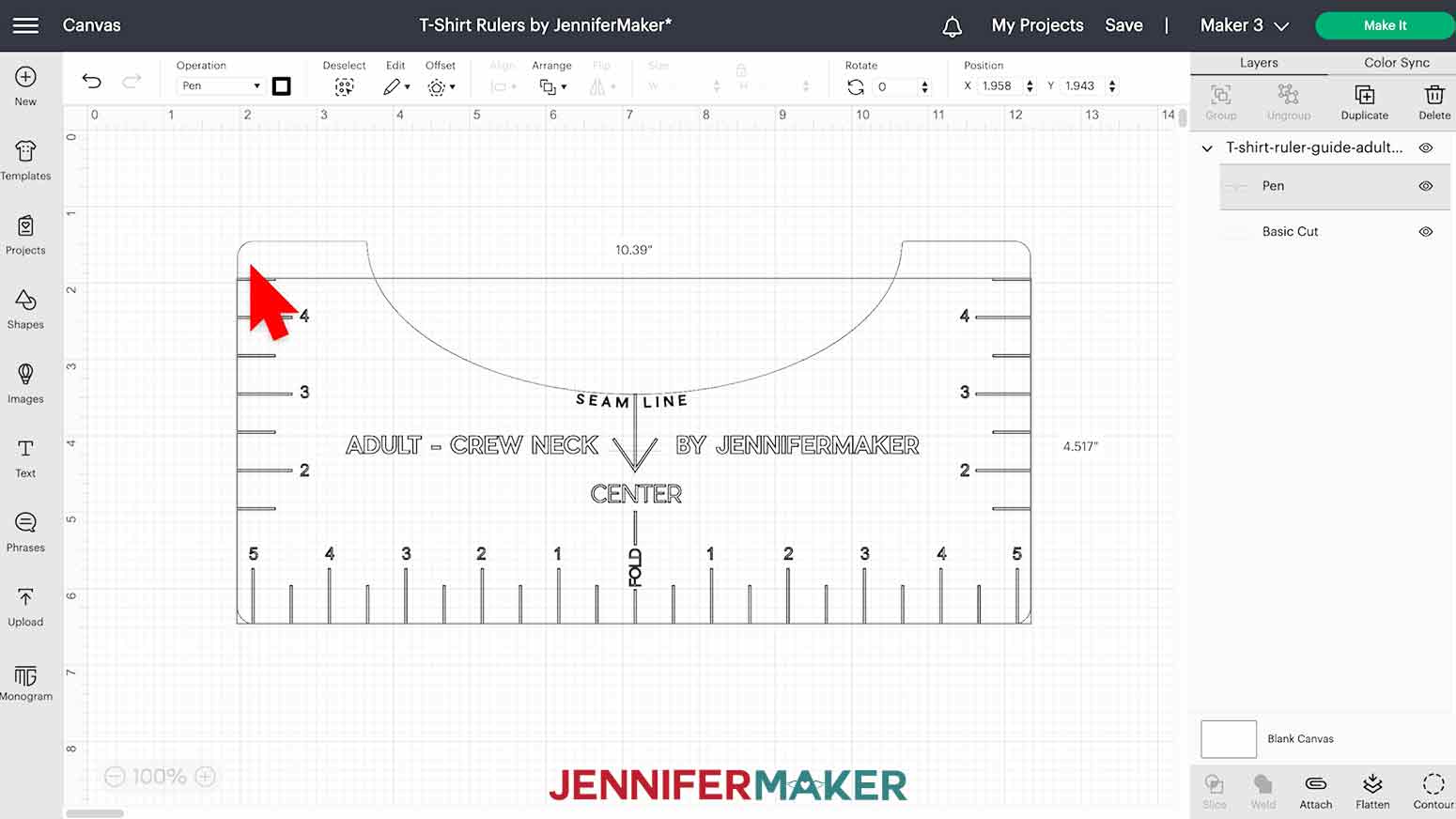 On the Cricut Design Space Canvas, select the top layer of the Adult Crew-Neck T-Shirt Ruler, then click the drop-down menu under "Operation" and select "Pen."