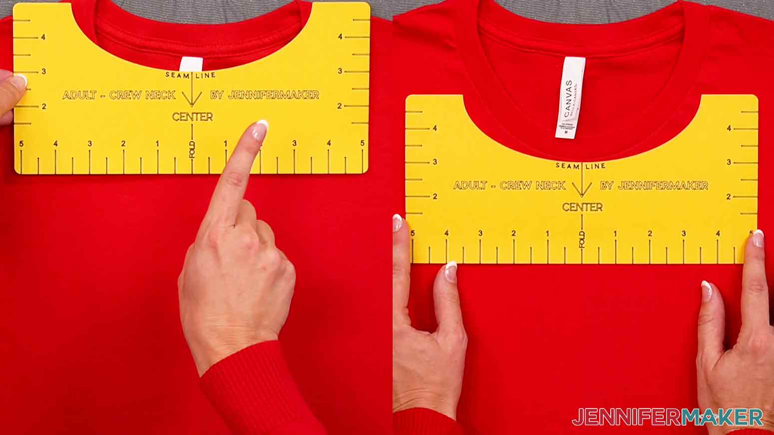 A side-by-side comparison of the T-Shirt Ruler’s proper neckline placement; the first image shows that the wrong placement is above the neckline, and the image on the right shows that the correct placement is just under the collar seam of the t-shirt.
