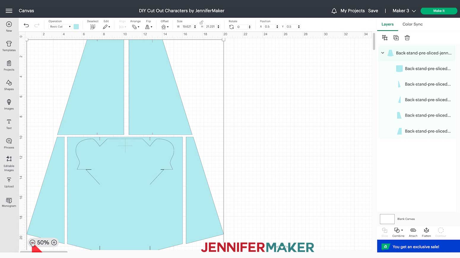 A pre-sliced stand SVG is uploaded to your Cricut Design Space Canvas for your DIY Cut Out Character.