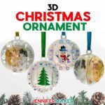 Four 3D Christmas Ornament designs, two with photos of pets, one of a snowman, and one of a Christmas tree, peeking out from within layers of cut acetate and holographic vinyl