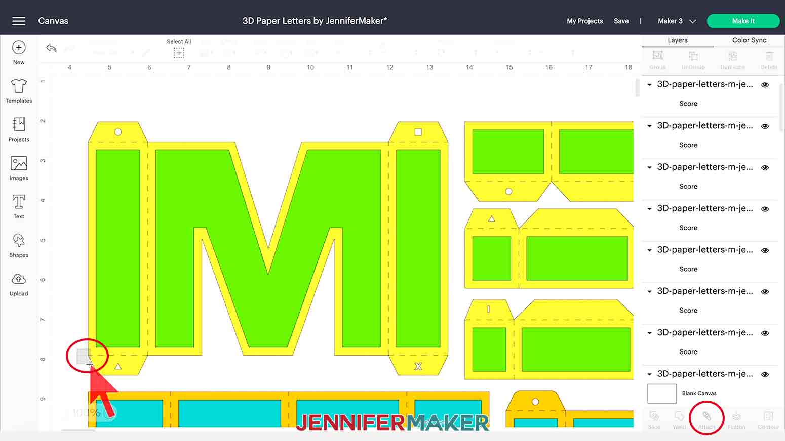 Screenshot demonstrating selecting just the yellow and score layer for the 3D Paper Letters project