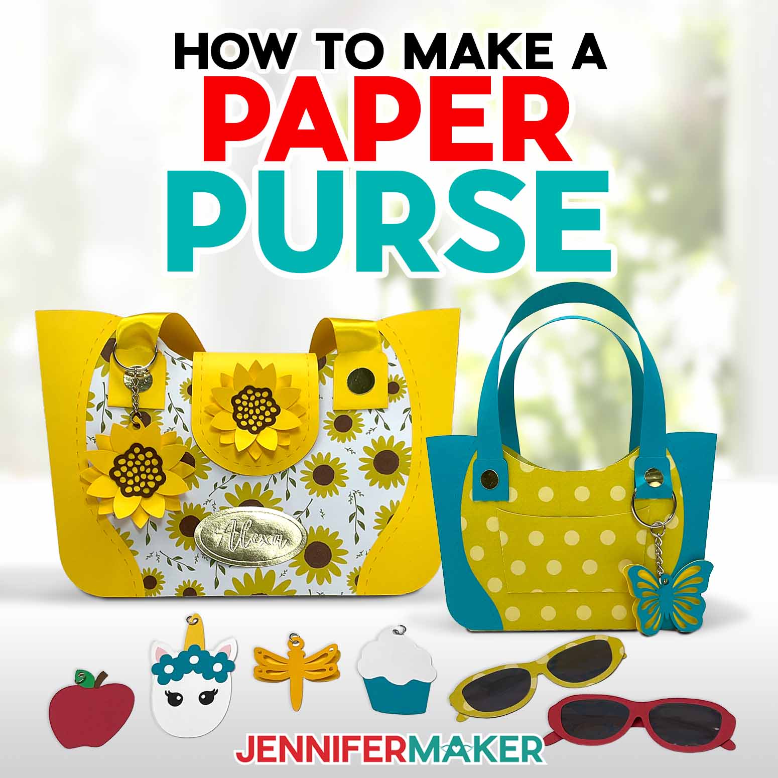 Learn how to make a paper purse with JenniferMaker's tutorial! Two colorful cardstock purses are displayed with optional accessories.