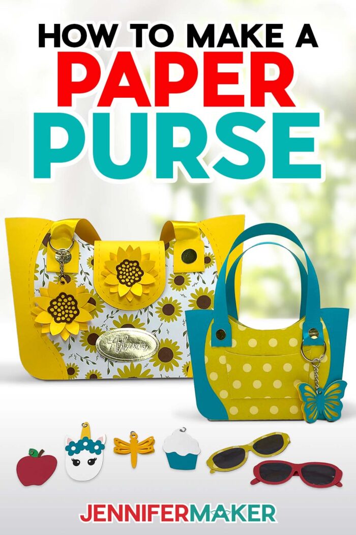 Learn how to make a paper purse with JenniferMaker's tutorial! Two colorful cardstock purses are displayed with optional accessories.