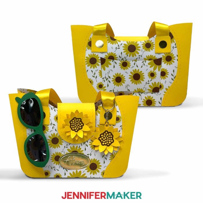 Learn how to make a paper purse with JenniferMaker's tutorial! Two colorful cardstock purses are displayed with optional accessories.