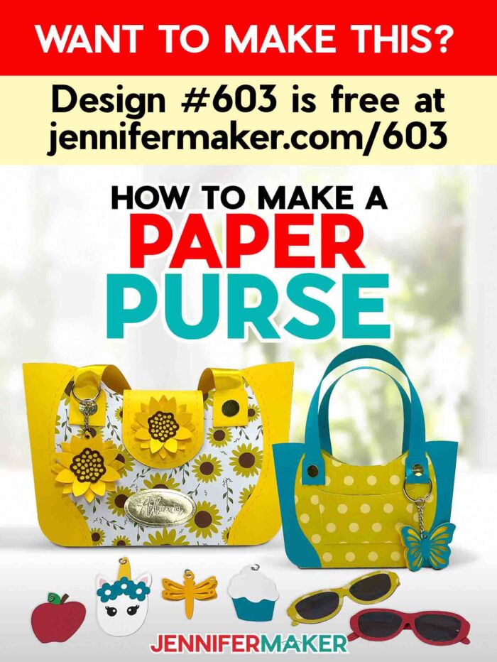 Learn how to make a paper purse with JenniferMaker's tutorial! Two colorful cardstock purses are displayed with optional accessories. Want to make this? Design #603 is free at jennifermaker.com/603