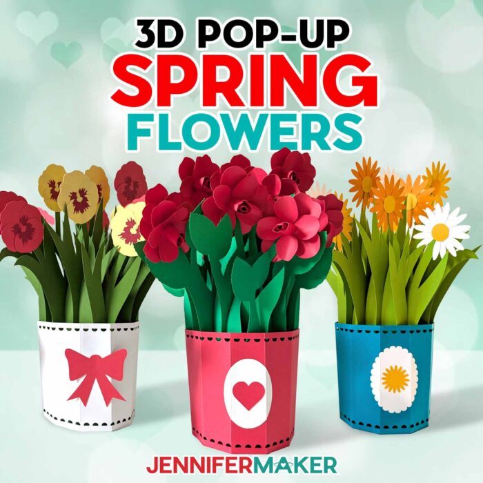 Learn how to make cards with 3D Pop-Up Spring Flowers! A trio of paper flower bouquets with pansies, roses, and daisies and colorful cardstock pots