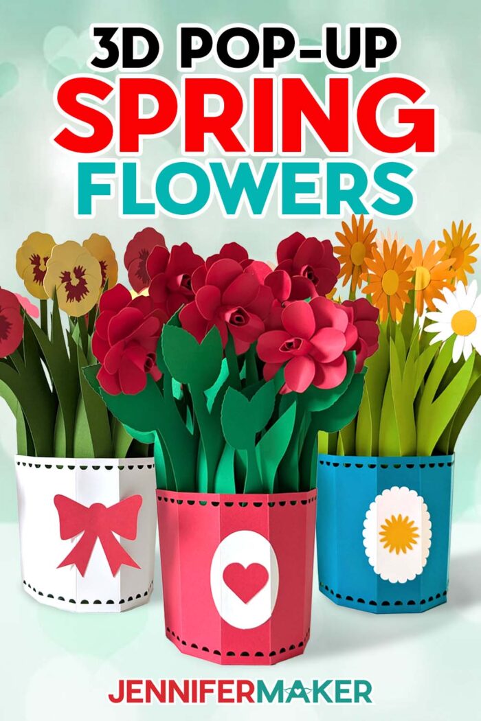 Get free SVG files to make cardstock cards with 3D Pop-Up Spring Flowers: One with red and yellow pansies, one with red roses, and one with yellow and white daisies