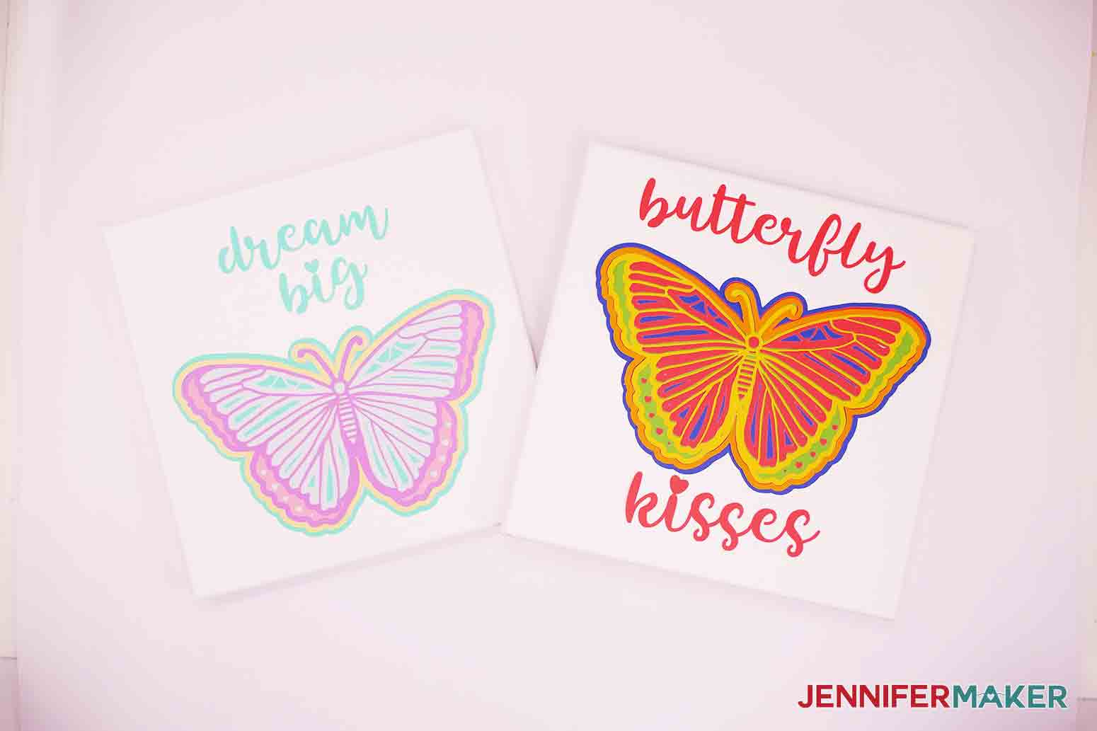 two side by side canvases of 3d butterfly wall art in rainbow and pastel colors