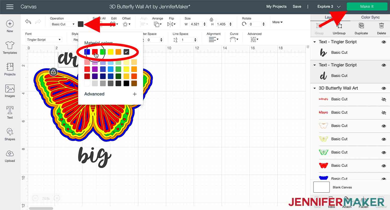 arrow pointing to color picker box where you can change text color in design space in 3d butterfly wall art project