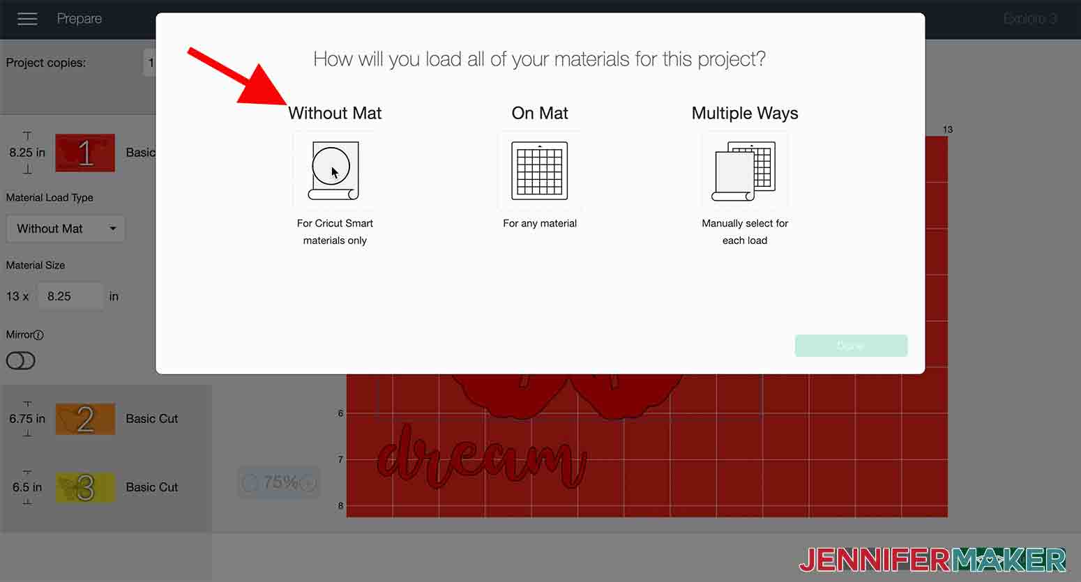 arrow pointing to area where you can choose to cut without a mat in cricut design space 3d butterfly wall art