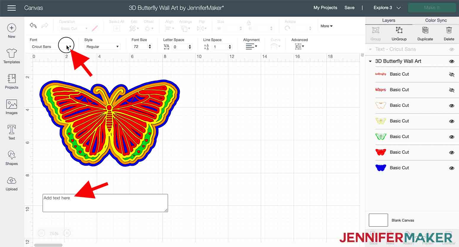 arrow pointing to font dropdown box in 3D butterfly wall art project
