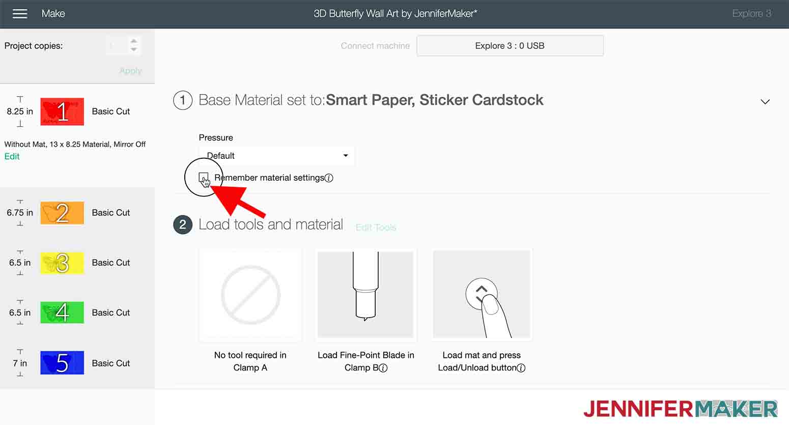 arrow showing where to click to tell your explore three to remember the material settings in cricut design space 3d butterfly wall art