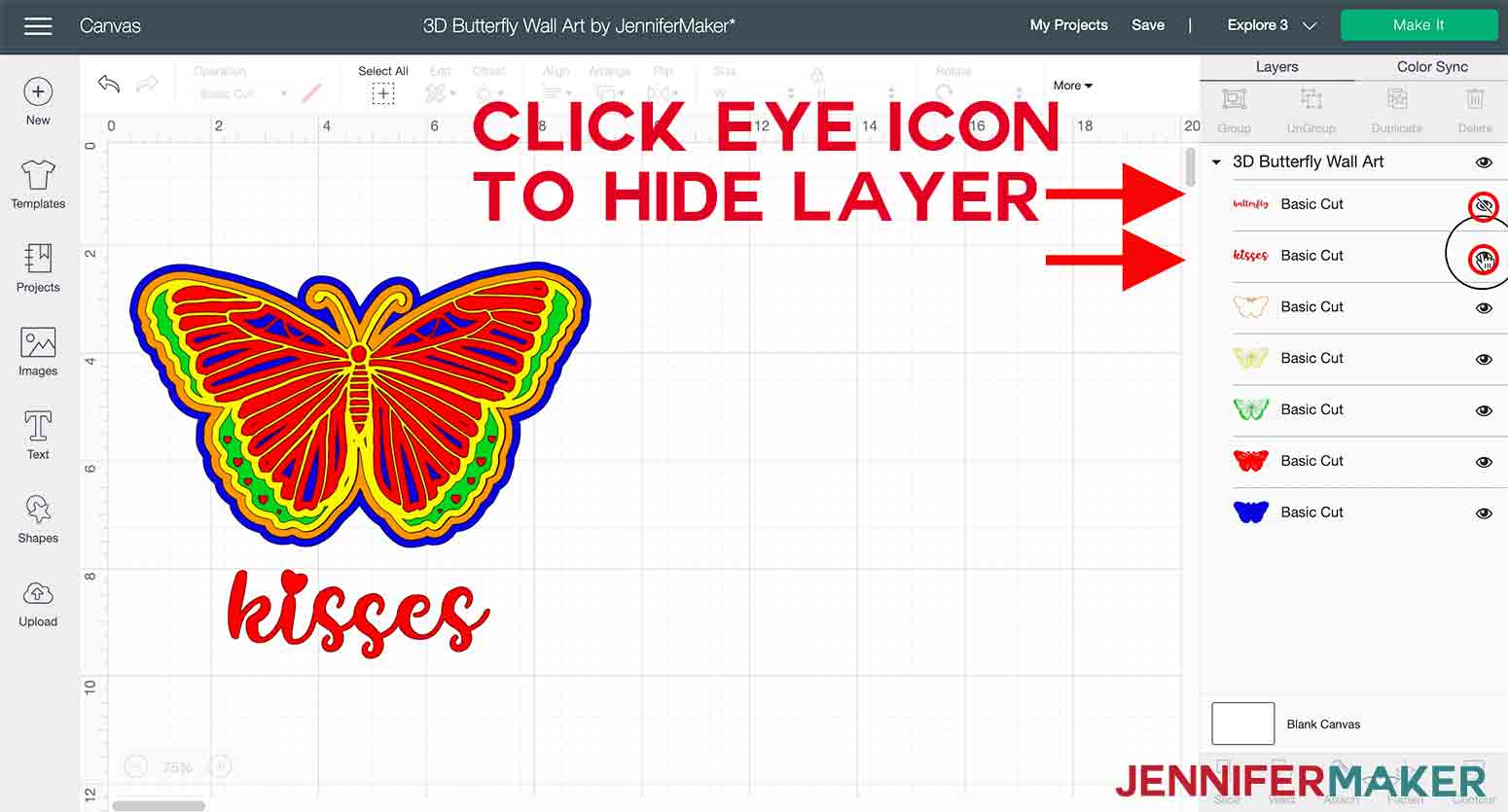 arrows pointing to eye icon to hide text in 3D butterfly wall art