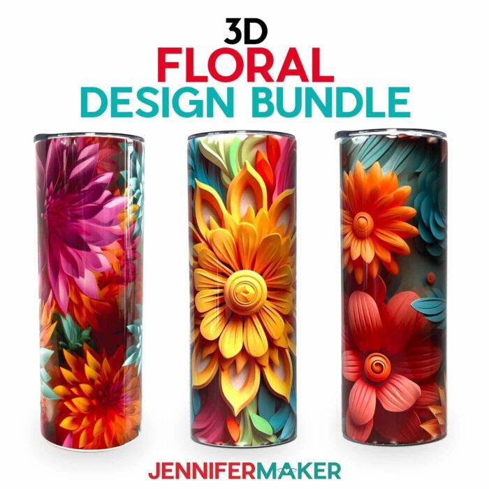 Three skinny tumblers decorated with PNGs from JenniferMaker's 3D floral sublimation designs bundle.