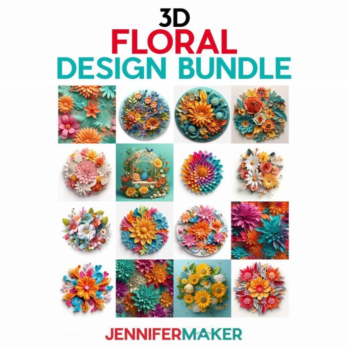 A grid of 16 3D floral sublimation designs from JenniferMaker's free PNG bundle.