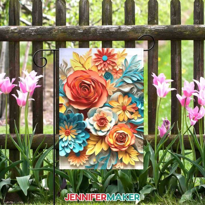 A garden flag with a 3D floral sublimation design featuring spring blooms.