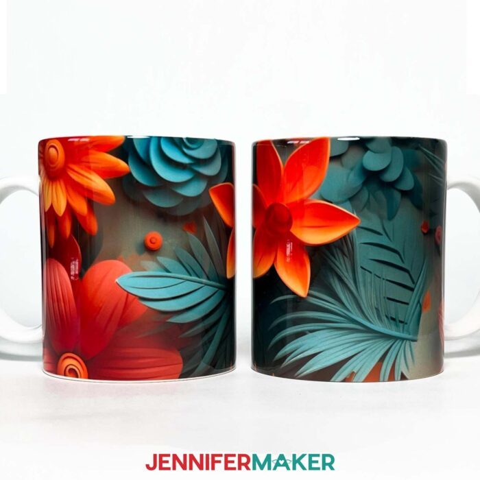 Two mugs with 3D floral sublimation designs.